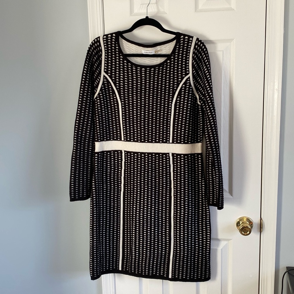Calvin Klein Black and White Long Sleeve Sheath Sweater Dress Womens Size XL
